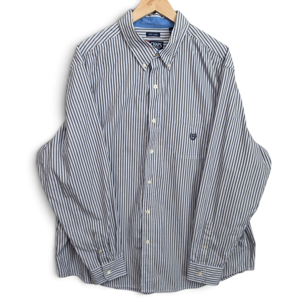 Chaps Shirt Mens XXL 2XL Brown Blue Striped Button Down Long Sleeve Easy Care